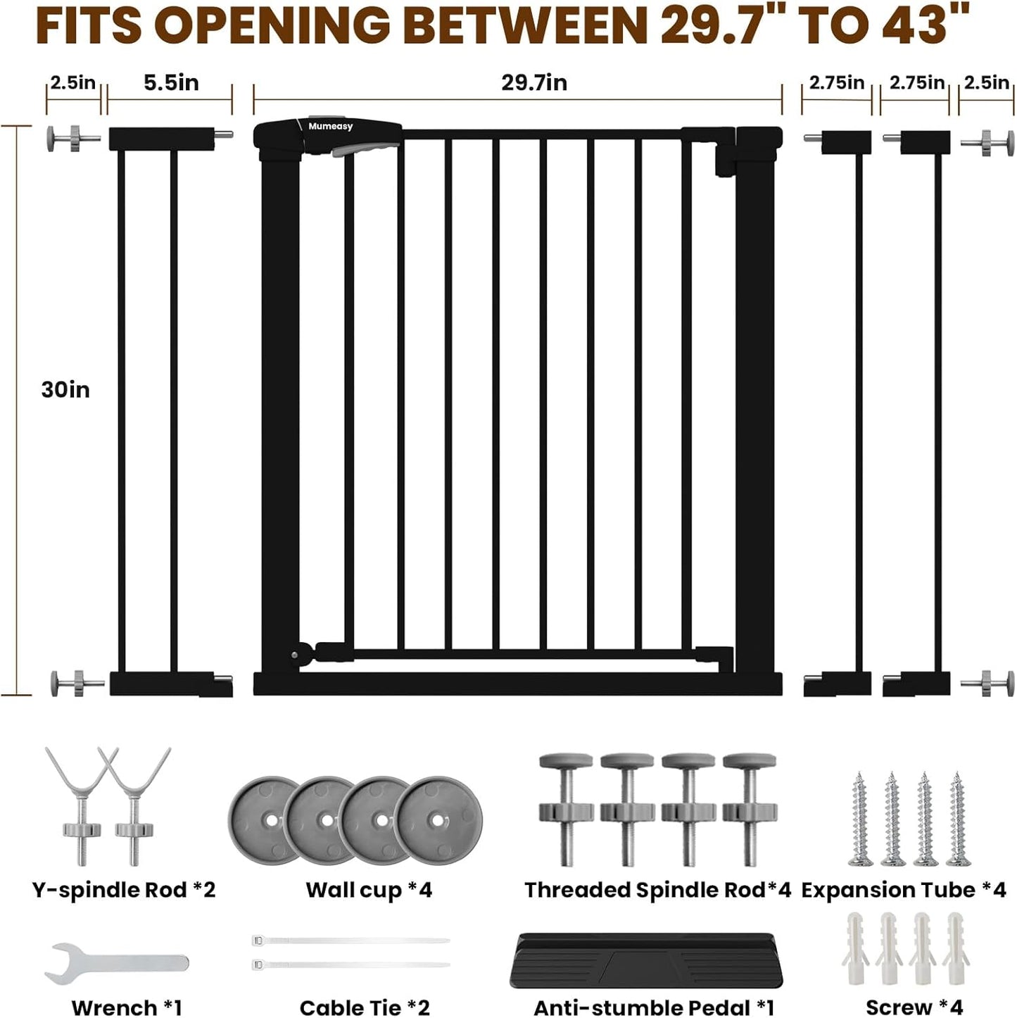 Mumeasy 29.7-46" Baby Gate for Stairs, Pressure Mounted Dog Gate for Doorways, Auto Close Walk Through Pet Gate Indoor, Extra Wide Metal Child Safety Gate, Mom's Choice Awards Winner, Black