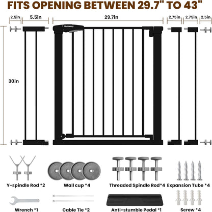 Mumeasy 29.7-46" Baby Gate for Stairs, Pressure Mounted Dog Gate for Doorways, Auto Close Walk Through Pet Gate Indoor, Extra Wide Metal Child Safety Gate, Mom's Choice Awards Winner, Black