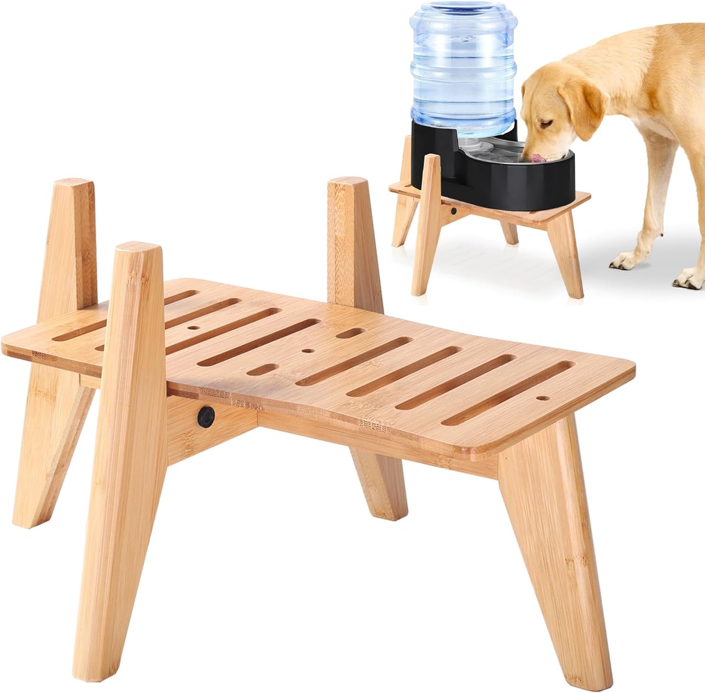 Dog Bowl Stand (14-inch High) - Ideal for Large Breeds, Use to Elevate, Raise Pet Dishes, Water Fountains and Slow Feeders - Adjustable Sideways, Bamboo - (Bowls not Included)