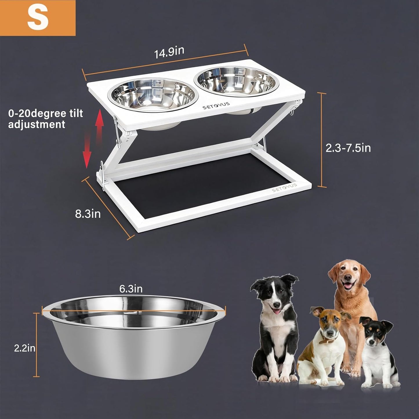 Elevated Dog Bowls, Adjustable Raised Dog Bowl Stand with 2 Stainless Steel Food Bowls 20°Tilted Water Bowls for Medium Small Sized Dogs (Black, Medium)