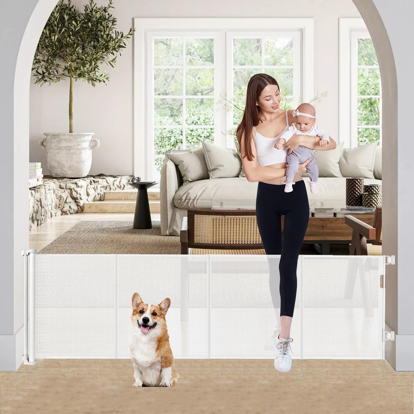 24" Tall X 120" Extra Wide Retractable Baby Gates, Short Dog Gates to Step Over, Reinforced Long Mesh Pet Gate with Support Rods, Small Puppy Gates for The House, Grey
