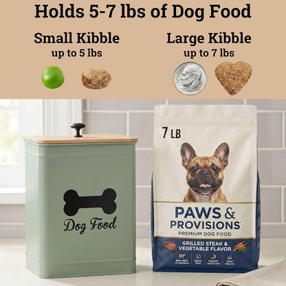 Dog Food Container Airtight 5-7 lb (25 Cup) Capacity - Cute Airtight Dog Food Storage Container with Bamboo Lid & Sturdy Metal Handle - White Metal Kibble Storage Bin for Dogs up to 50 lbs - Pet Jar