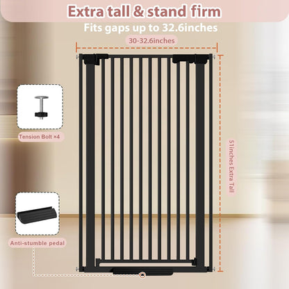 51'' Extra Tall Cat Gate for Doorways 30-40.9'' Wide, Climb Proof Pet Dog Gates for Kitten Dogs, Pressure Mounted No Drilling Cats Fence Barrier White