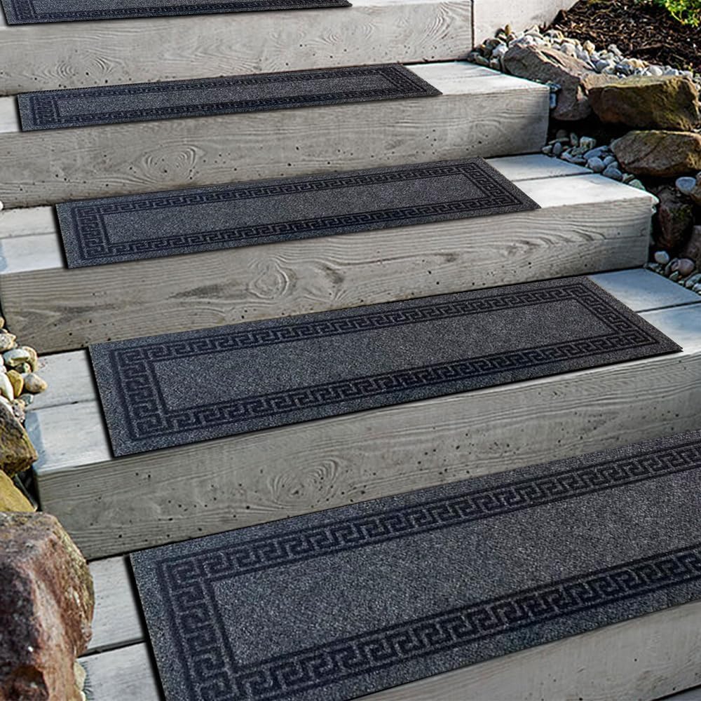 Aucuda 8.5" x 30" Outdoor Stair Treads for Dogs on Wooden Steps Spring, Non Slip Stair Runner Rug Heat Insulation Rubber Backing, Frame Staircase Mat Carpet for Indoor Grip Farmhouse. (6pcs)