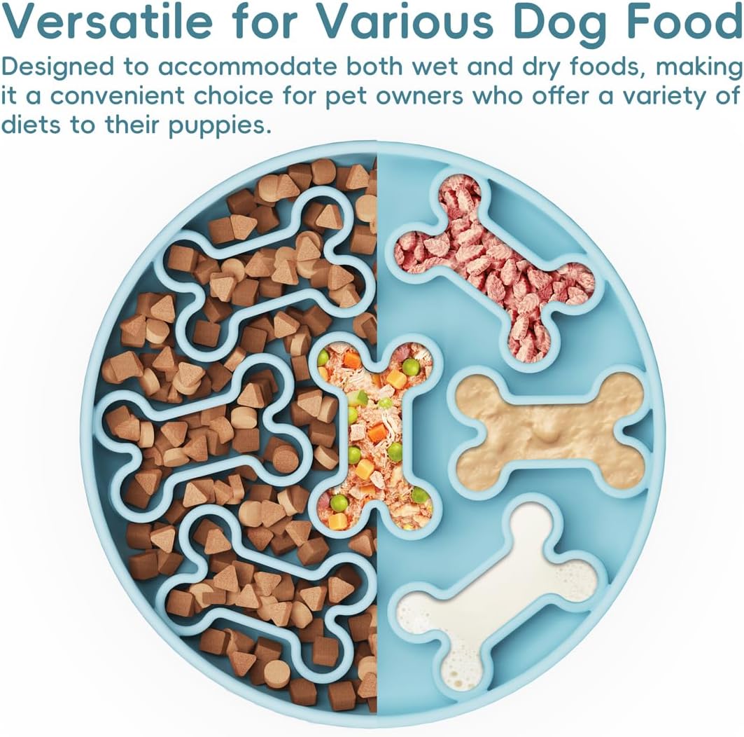Silicone Slow Feeder Dog Bowl – Pink Bone Pattern | Food-Grade Non-Slip Dog Dish for Anti-Bloat, Fast Eating Prevention, 7.5” x 1.5”, Dishwasher Safe