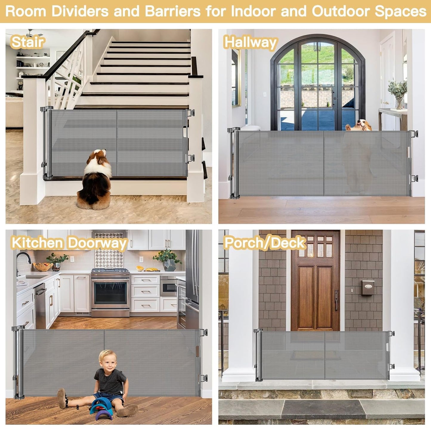 Reinforced 28 Inch Tall Retractable Baby Gates for Dogs, Easy Step Over Pet Gate with Support Rods, 55" Wide Retractable Dog Gate, Puppy Gates for The House Short Dog Gate for Stairs, Doorways, White