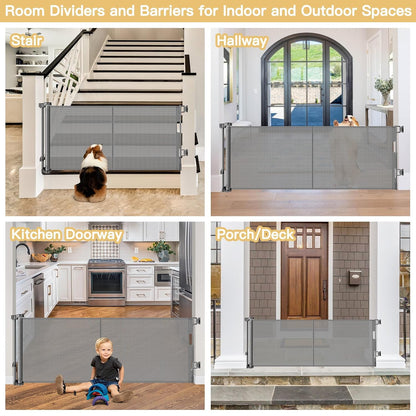 Reinforced 28 Inch Tall Retractable Baby Gates for Dogs, Easy Step Over Pet Gate with Support Rods, 55" Wide Retractable Dog Gate, Puppy Gates for The House Short Dog Gate for Stairs, Doorways, White