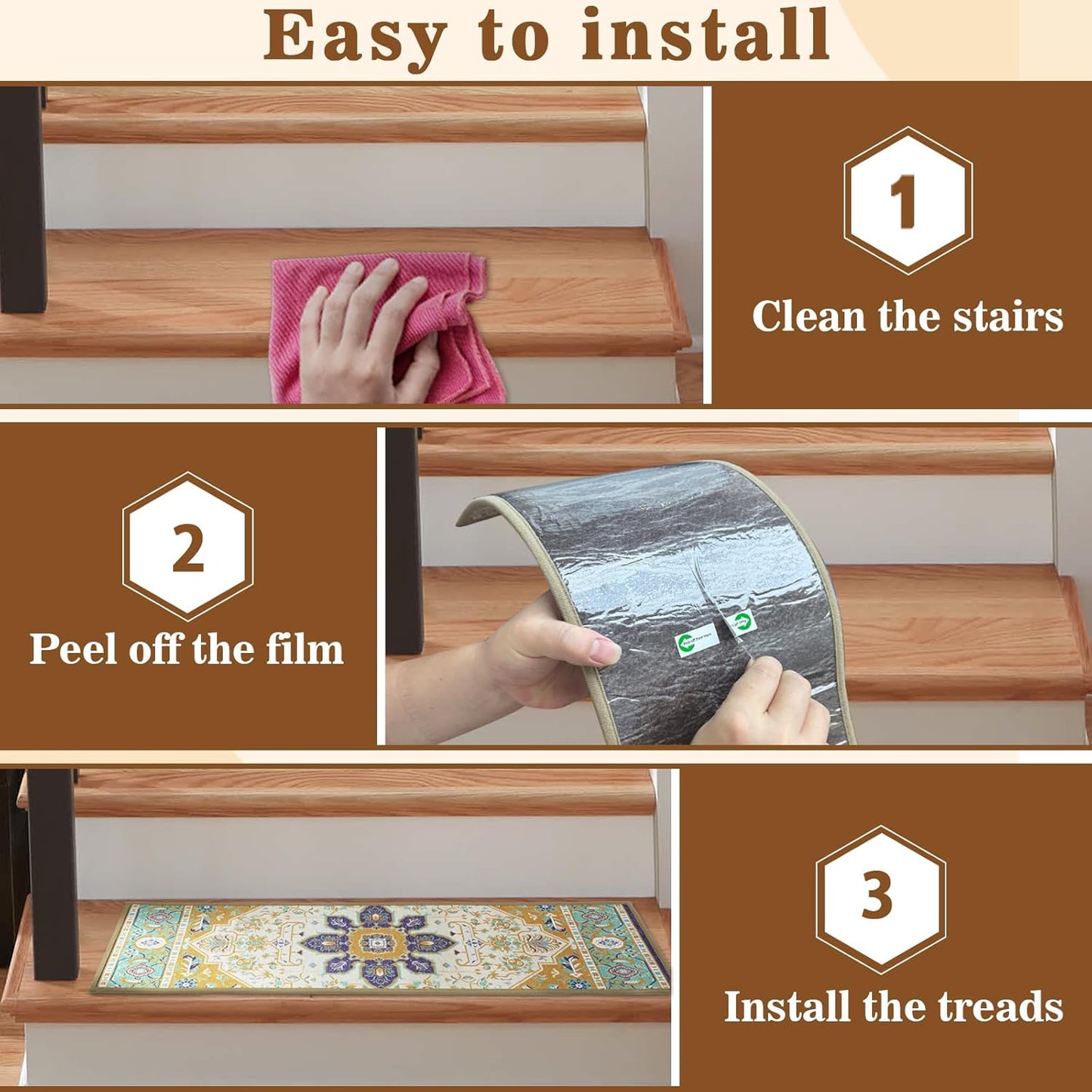 FlowaFoli Stair Treads for Wooden Steps Indoor,8" X 30" (15 in Pack) Stair Treads Non Slip, Machine Washable for Kids Elders and Pets,Beige