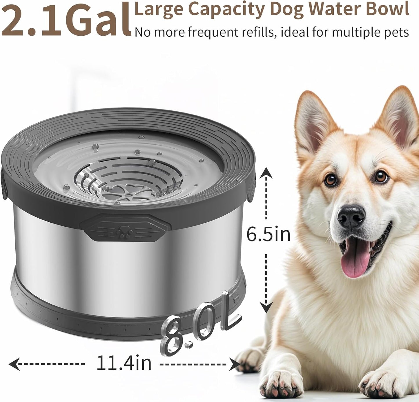 6.5L Dog Water Bowl No Spill 1.6 Gallon Stainless Steel Water Bowl for Dogs 220oz Large Capacity No Splash Slow Drinking Feeder with Anti-Slip Mat for Messy Drinkers 6.5L+2 Filters