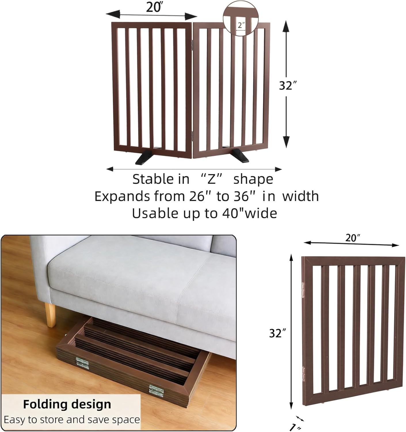 ZJSF Freestanding Indoor Dog Gate for House Foldable Wood Puppy Gate for Doorways Pet Gate for Stairs Extra Wide Pet Fence, Brown, 24" Height 3 Panels