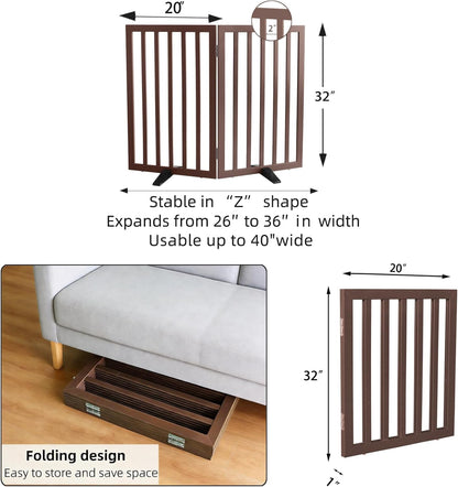 ZJSF Freestanding Indoor Dog Gate for House Foldable Wood Puppy Gate for Doorways Pet Gate for Stairs Extra Wide Pet Fence, Brown, 24" Height 3 Panels