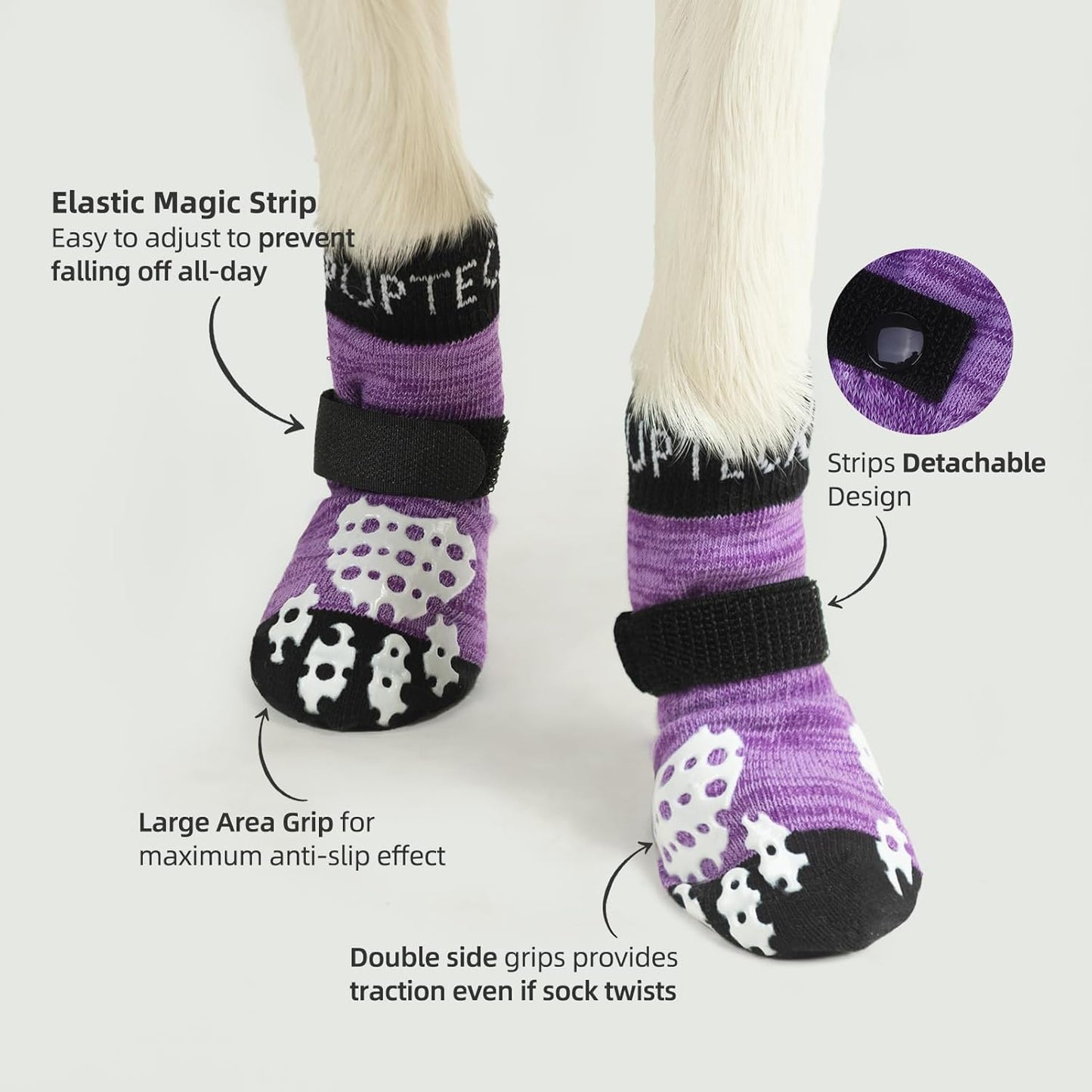 PUPTECK Anti-Slip Dog Socks with Double Sides Grips for Small Medium Large Dogs Hardwood Floors Prevents Licking, Dog Shoes for Hot Pavement Traction Control Paw Protector for Senior Dogs, Grey L