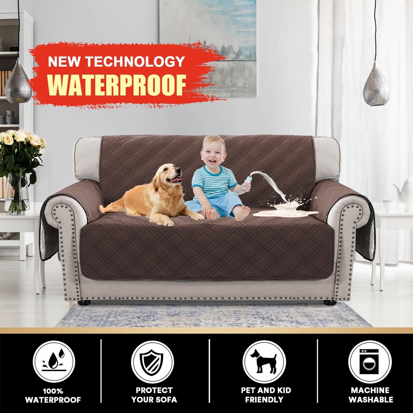 PrinceDeco 100% Waterproof Couch Cover for 3 Cushion Couch Sofa Pet Friendly Non-Slip Couch Cover for Dogs Washable Water Resistant Furniture Protector with Elastic Straps(Sofa 68", French Oak)