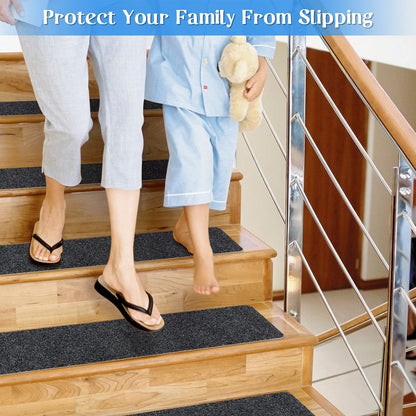 RIOLAND Non-Slip Stair Treads Carpet Indoor 14 Pack Stair Rugs for Wooden Steps Anti Moving Stair Runners Safety for Dogs Elders and Kids, 8” x 30”, Coffee Brown