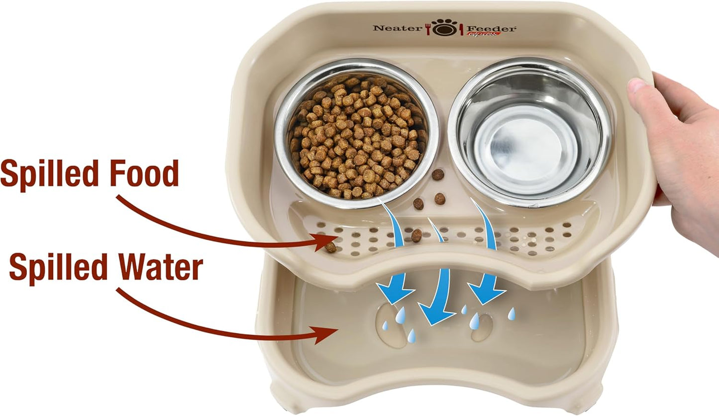 Neater Feeder Express Mess Proof Dog Bowls Elevated for Small Breeds under 15 Lb, Made in USA, No Spill Raised Dog Food Bowl Stand, Stainless Steel Food and Water Bowl Set, Feeding Station, Cappuccino