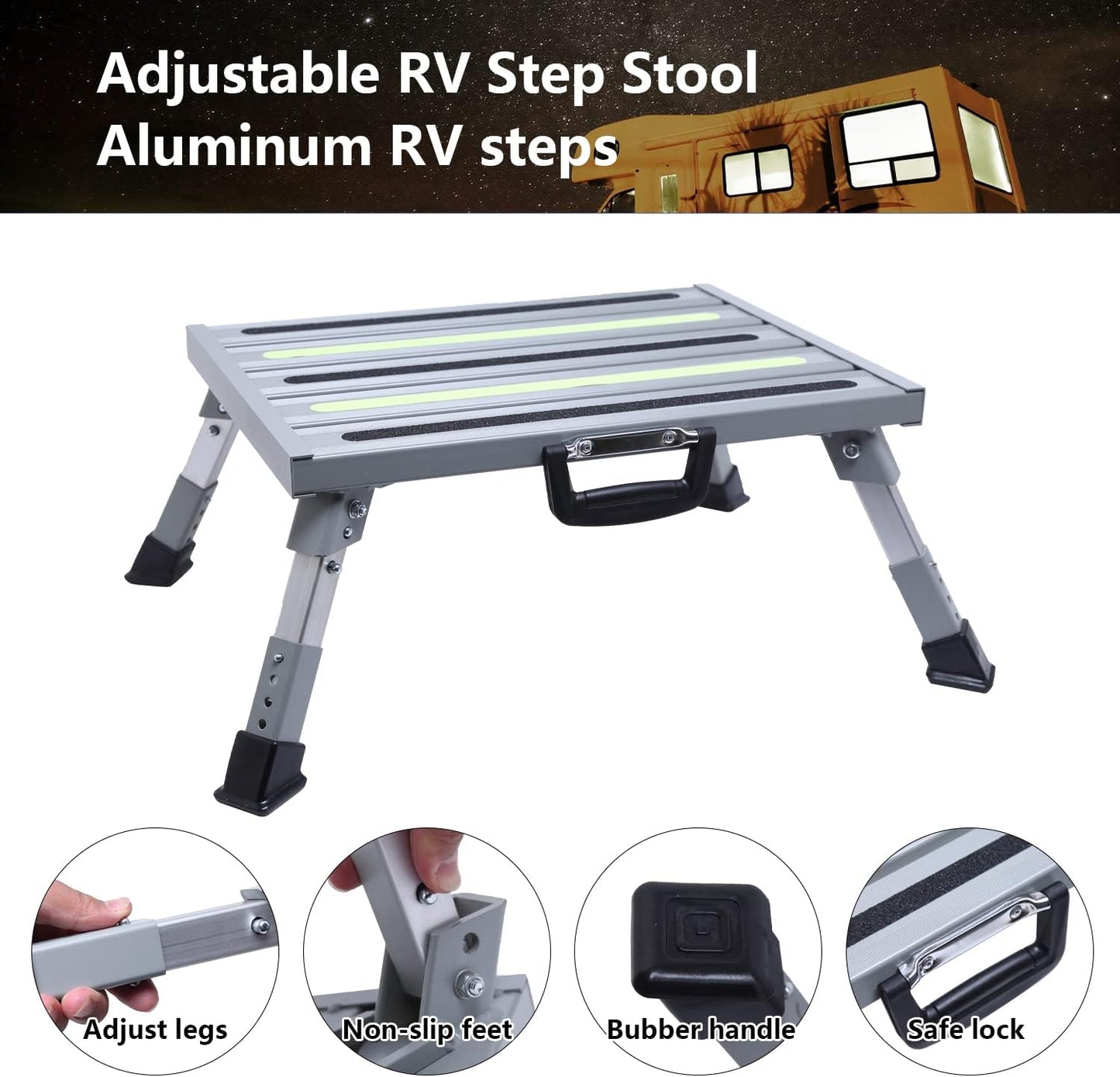 Aluminum RV Steps, 4-Level Adjustable Folding Step Stool with Non-Slip Rubber Feet, Non-Slip Fluorescent Strip Platform Rv Accessories, Supports Up to 1000 lbs - Black