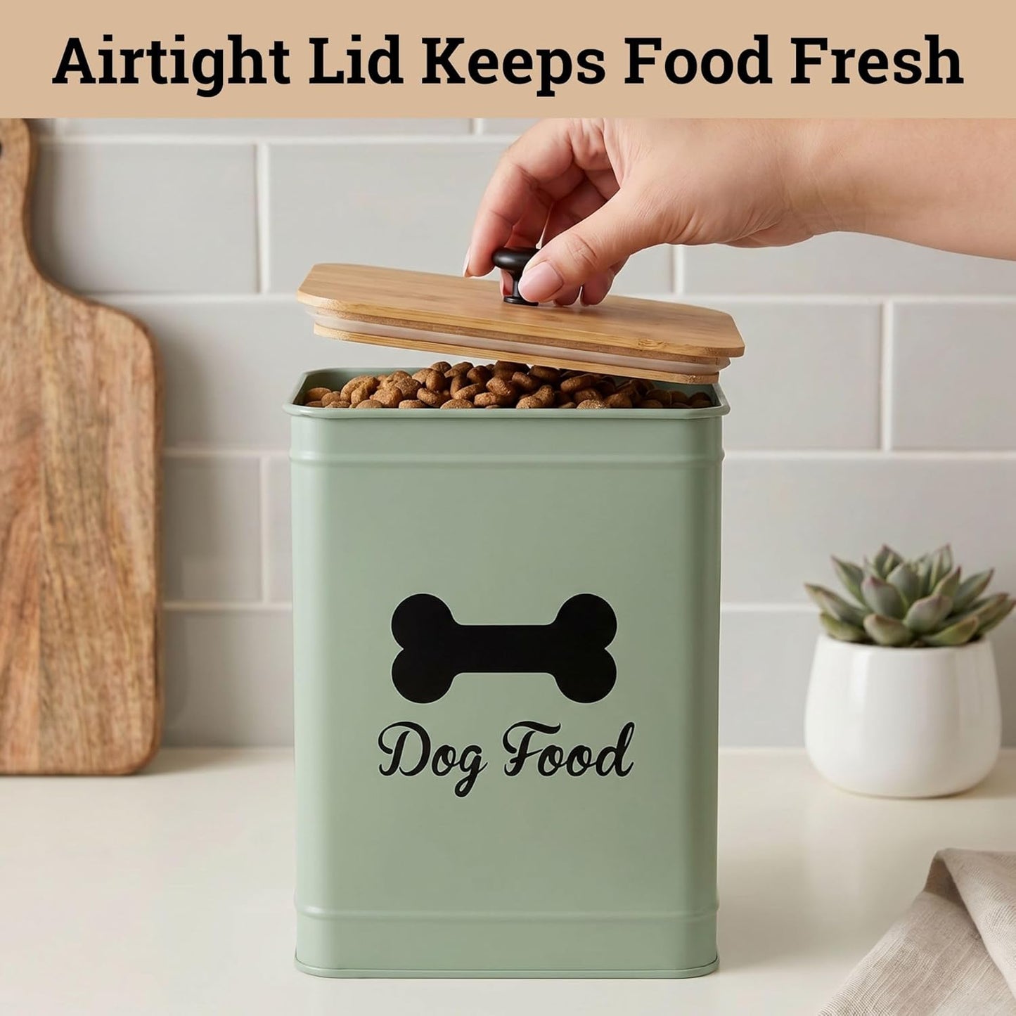 Dog Food Container Airtight 5-7 lb (25 Cup) Capacity - Cute Airtight Dog Food Storage Container with Bamboo Lid & Sturdy Metal Handle - White Metal Kibble Storage Bin for Dogs up to 50 lbs - Pet Jar