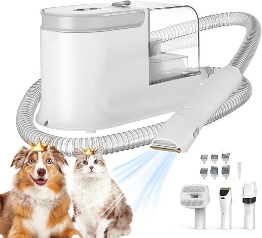 Dog Grooming Vacuum, Dog Grooming Kit with Pet Clipper Nail Grinder, 3 Suction Modes Dog Brush Vacuum with 6 Pet Grooming Tools (White)