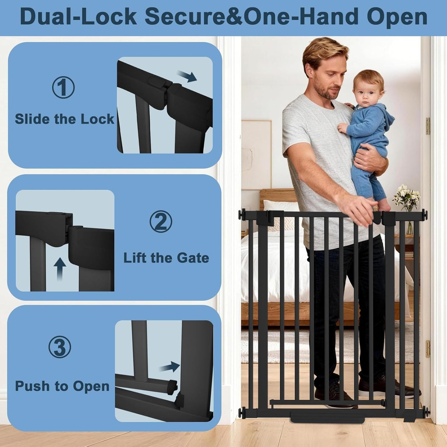 41" Extra Tall Dog Gate Indoor,30-62.5" Wide Heavy Duty Pet Gate for Doorways,Baby Gate with Walk Through and Auto Close, Pressure Mounted, Suitable for Stairs,Kitchen,White