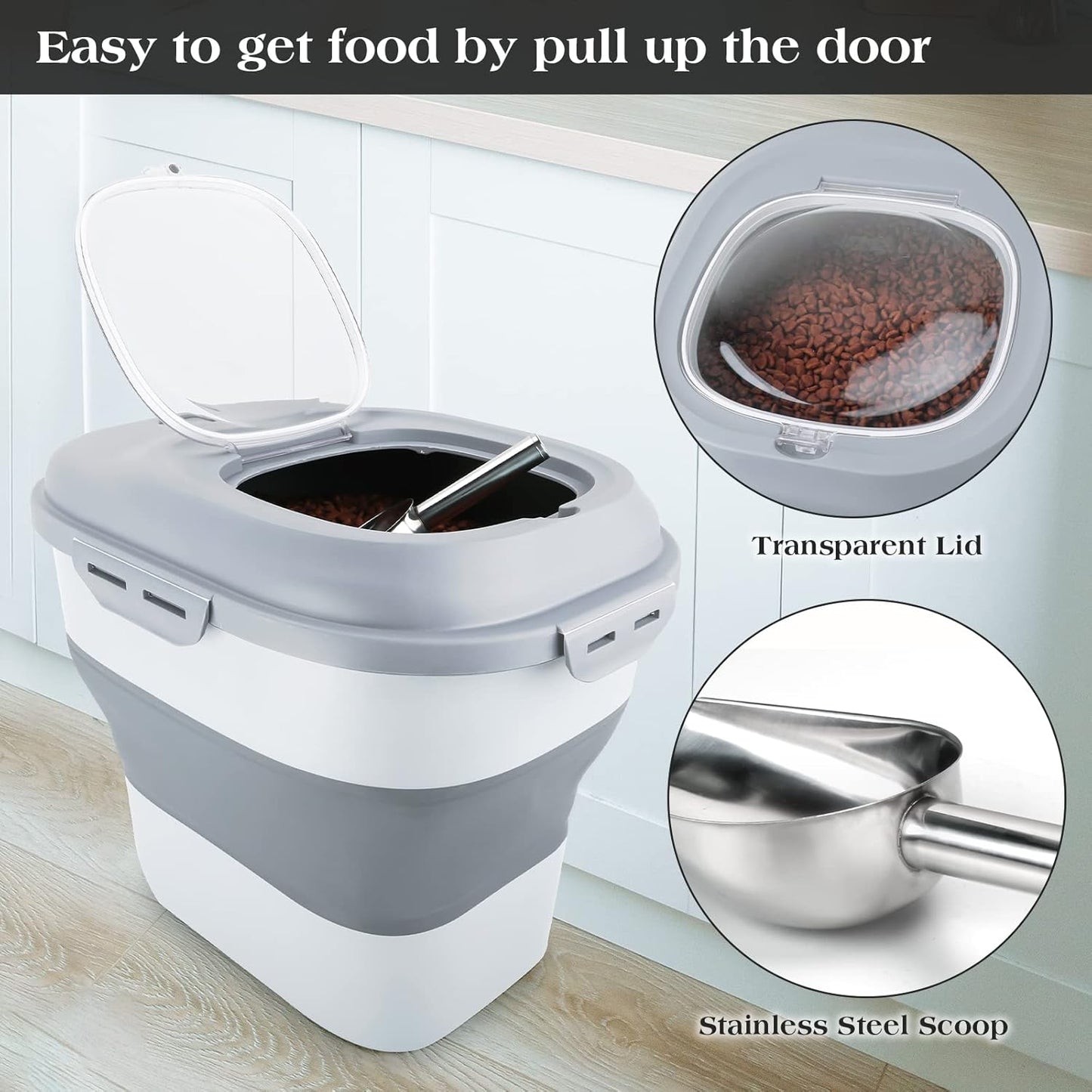 TIOVERY Dog Food Storage Container, Airtight Collapsible 13lb to 30lb Pet Food Container with Flip Top, Rolling Wheel, Scoop and a small container for Dog Cat Food and Dry Food of Rice, Flour