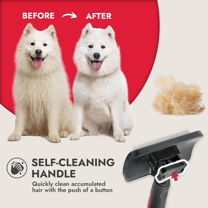 KONG Double-Sided Rake & Deshedding Tool – Detangling & Shedding Control, Rounded Metal Tips, Non-Slip Grip, for Medium to Large Dogs with Medium to Long Coats, Red/Gray