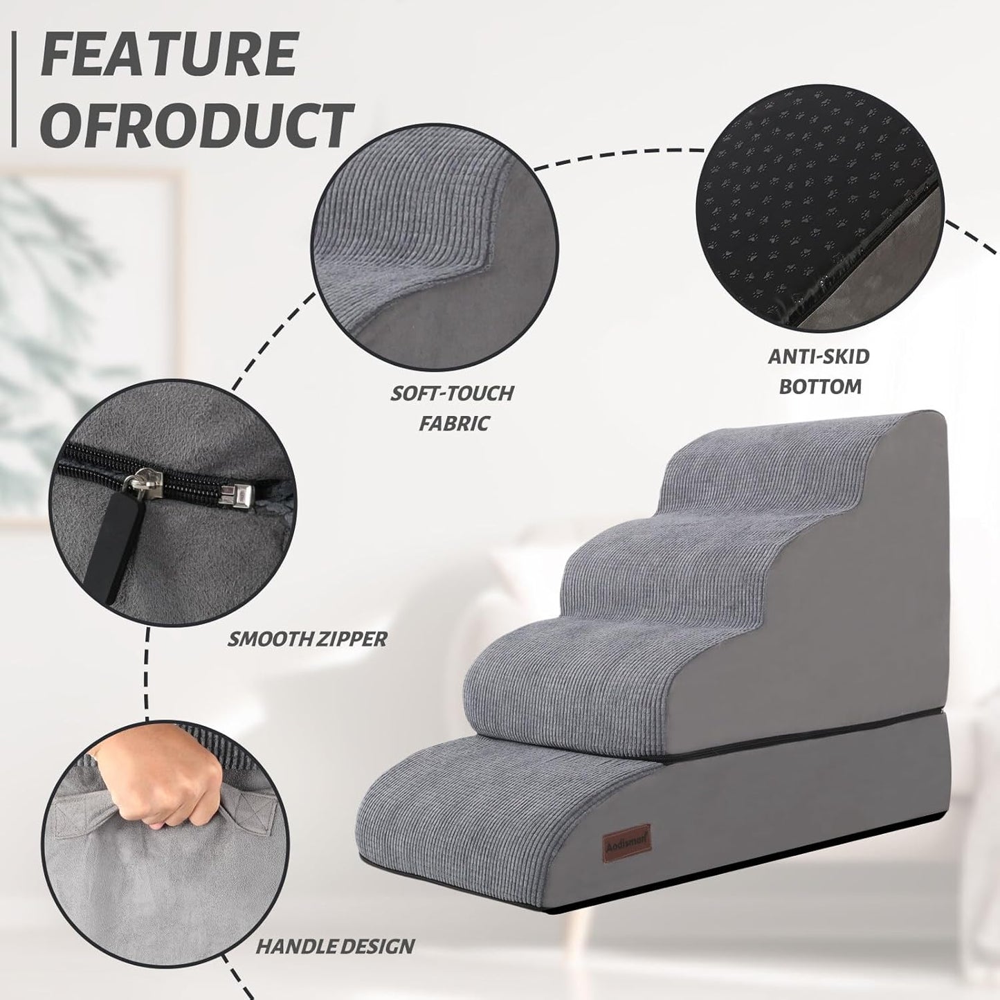 Aodisman 3-Step Dog Ramp and Stairs for Sofa and Chair - Non-Slip Sturdy Pet Steps for Small Dogs and Cats,15.7" H,Grey