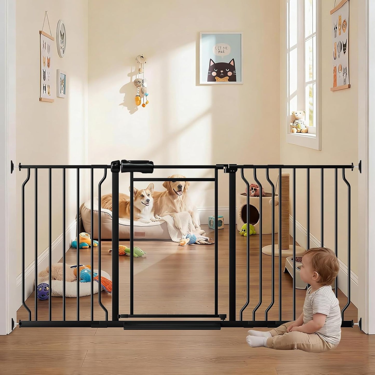 Fairy Baby Triple Lock Clear Baby Gate for Doorways, 57.6”-66.8” Extra Wide Acrylic Dog Gate for Stairs, Safety Child Gate Pressure Mounted No Drill, Auto Close Clear Pet Gate One-Hand Opening, Black