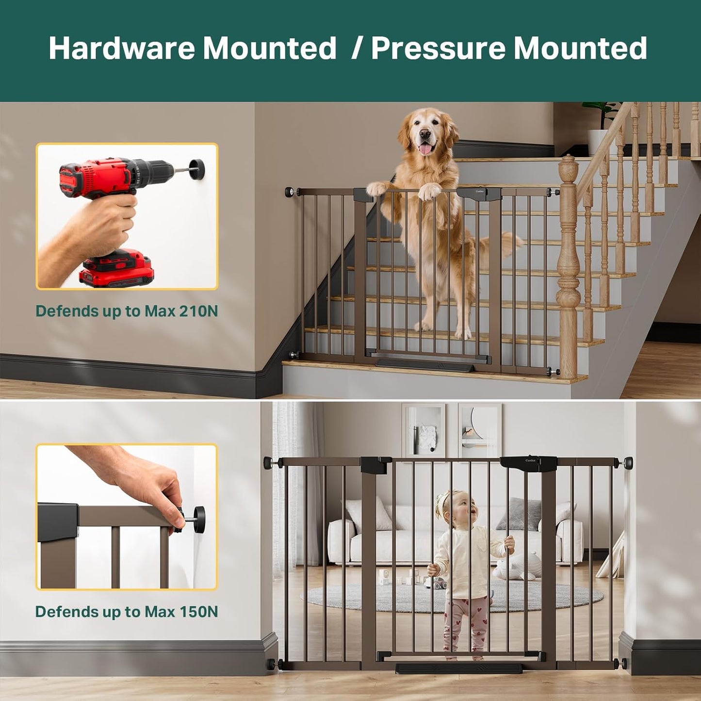 Cumbor 36.6-64" Extra Wide Baby Gate for Stairs, Dog Gates for Doorways, Auto-Close Pet Gate Indoor, Pressure Mounted Walk Through Safety Child Gate for Kids Toddler, Tall Pet Puppy Fence Gate, Brown