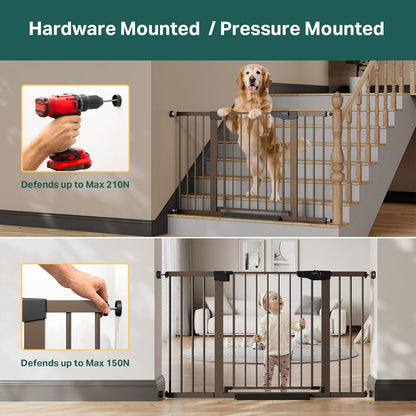 Cumbor 36.6-64" Extra Wide Baby Gate for Stairs, Dog Gates for Doorways, Auto-Close Pet Gate Indoor, Pressure Mounted Walk Through Safety Child Gate for Kids Toddler, Tall Pet Puppy Fence Gate, Brown