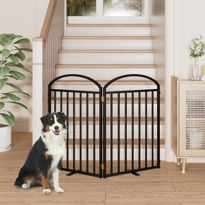 SNUOWU 4 Panels Full Matel Freestanding Dog Gates with Door, 96"Extra Wide 32"Tall Free Standing Dog Pet Gate for Indoor & Outdoor. Foldable Pet Fences for Doorways, House, Stairs, Porch, Deck, Yard