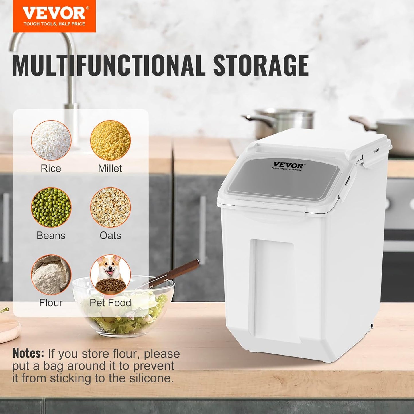 VEVOR Rice Storage Container, 4.5Gallon/20L Capacity Large Dog Food Dispenser Bin, Kitchen Ingredient Grain Cereal Flour Bin, Pet food Containers with Wheels, Measuring Cup, Airtight Lid, 1 Pack