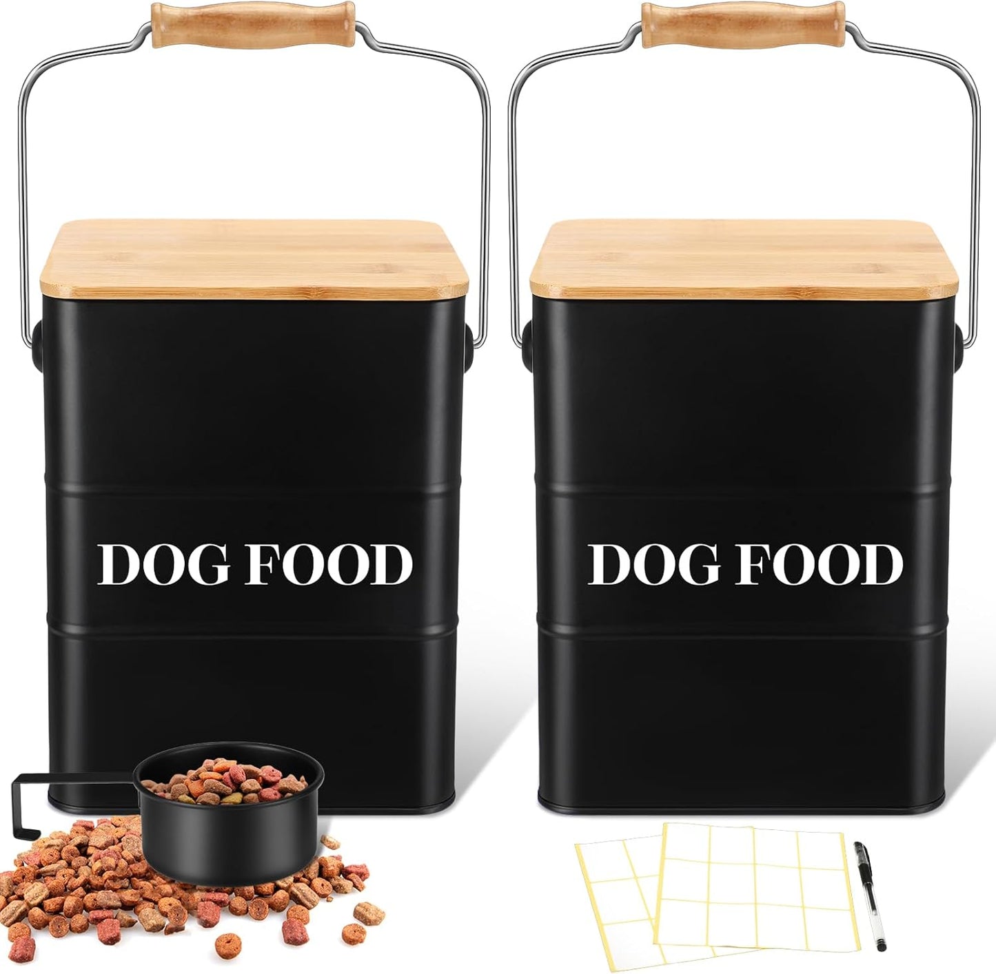 Tioncy 2 Pcs Metal Dog Food Storage Containers Total 10-14 Lbs (50 Cup) Capacity, Airtight Pet Food Canister with Bamboo Lids Scoop DIY Labels Dog Treat Storage Jars for Kitchen Counter(White)