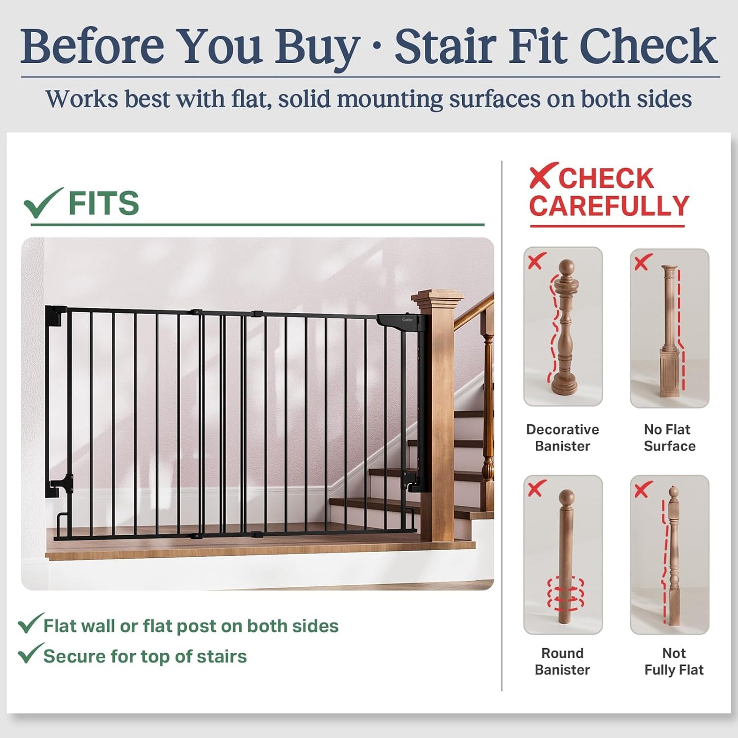 Cumbor 29.2–43" Baby Gate for Stairs, Hardware Mounted (Drill Required), Expandable No Bottom Bar Dog Gate, Auto Close Extra Wide Walk Thru, Pet & Toddler Proof Gate, Top & Bottom of Stairways(Black)