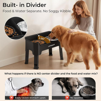 URPOWER 3-in-1 Elevated Dog Bowls - Mess Proof Double Deck 4 Height Adjustable Raised Stand with 2 Stainless Steel Food Bowls & Licking Plate for Small, Medium & Large Dogs