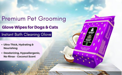 Premium Pet Grooming Glove Wipes for Dogs & Cats, 3X Thick No-Rinse Bathing Gloves, Hypoallergenic Deodorizing Paw & Body Cleaner, Natural Extracts to Hydrate & Nourish, 20 Count, Coconut Scent