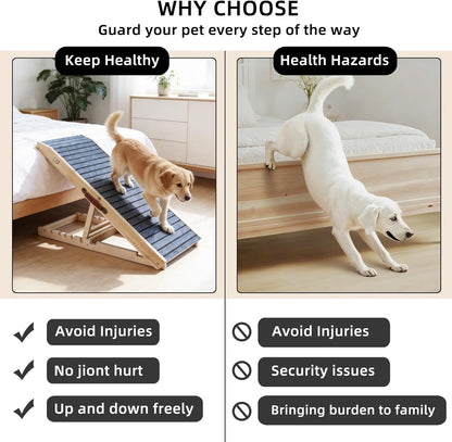 ZJSF Foldable Wooden Dog Ramp for High Bed, Dog Stairs for Small Dogs, High Traction Platform with 4 Adjustable Heights (14"-19.7"), 33", Supports up to 70 lbs