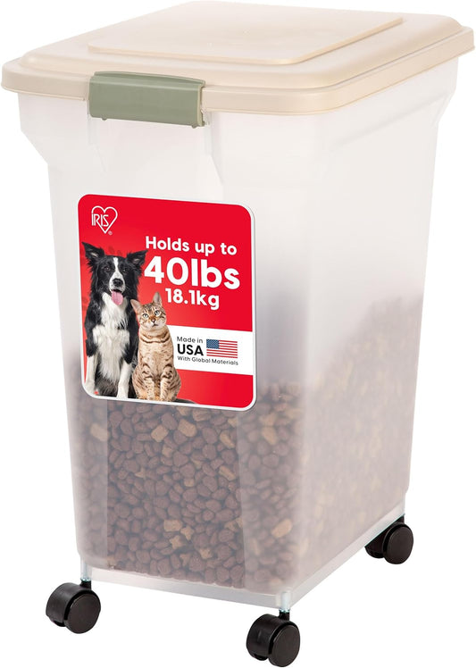 IRIS USA Airtight Dog Food Storage Container, WeatherPro, Up to 40 lbs, Removable Wheels, for Dog Cat Bird and Other Pet Food Storage Bin, Keep Fresh, Translucent Body, Made in USA, Smoke/Black