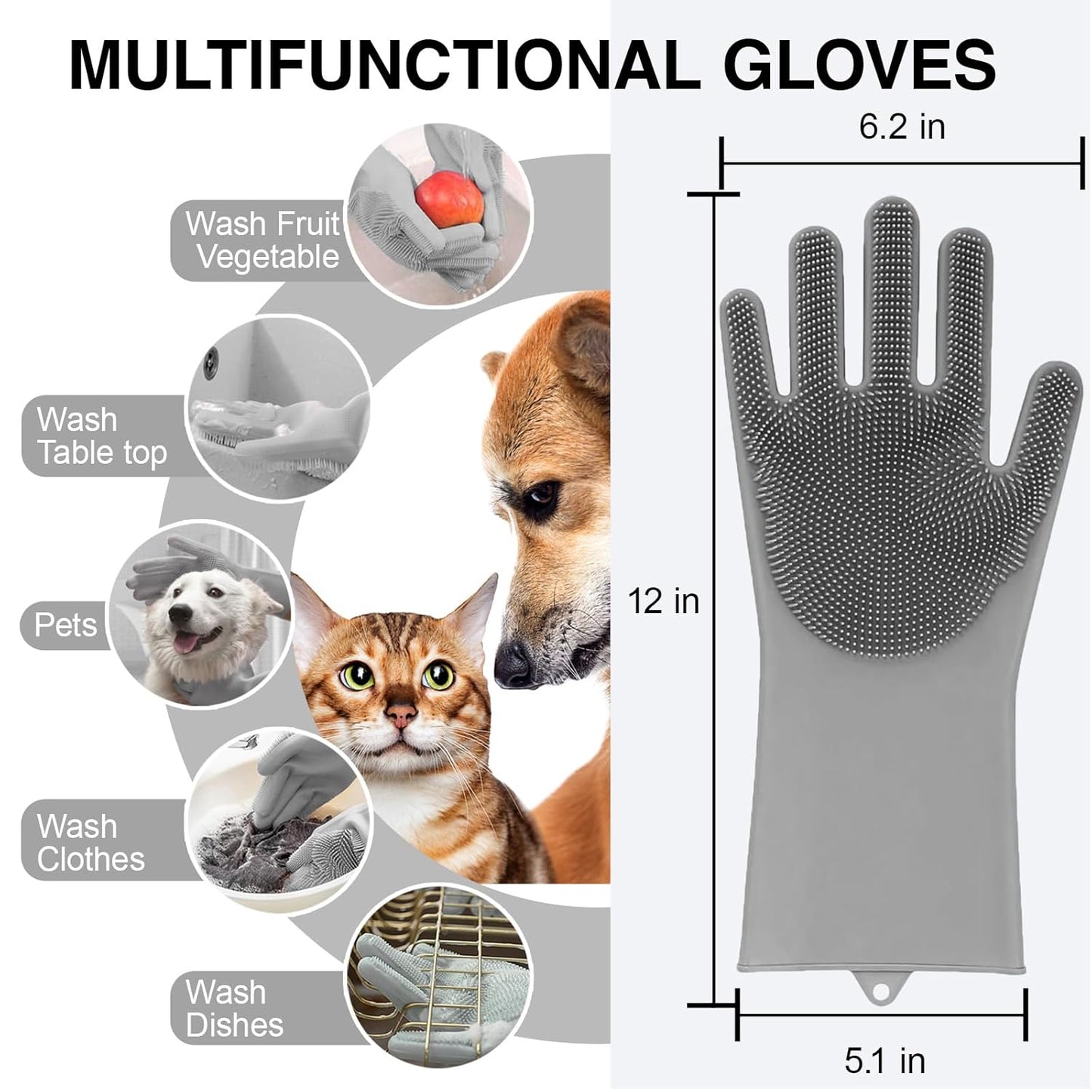 Dog Washing Gloves for Shedding & Bathing - 5-Finger Deshedding & Massage Gloves for Dogs & Cats, Reusable Heat-Resistant Silicone Brush Gloves, Gentle Hair Removal & Bathing Aid (Pair) (Grey)