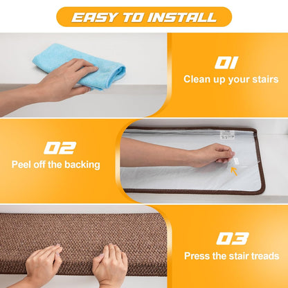 Bullnose Carpet Faux Sisal Stair Treads | Set of 14 | Stair Treads for Wooden Steps Indoor Anti Slip Braided Staircase Protector Pet Friendly Rugs Covers 9.44" X 29.5"x 1.9",Golden