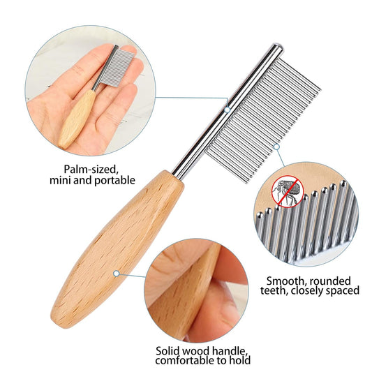 HOP Small Dog Comb with Wooden Handle Dog Eyes&Face Metal Comb Pet Fine Tooth Flea Comb Pet Grooming Tool for Dogs Cats Rabbits Guinea Pigs Gentle Remove Loose Hair Tangles Dirt Fleas