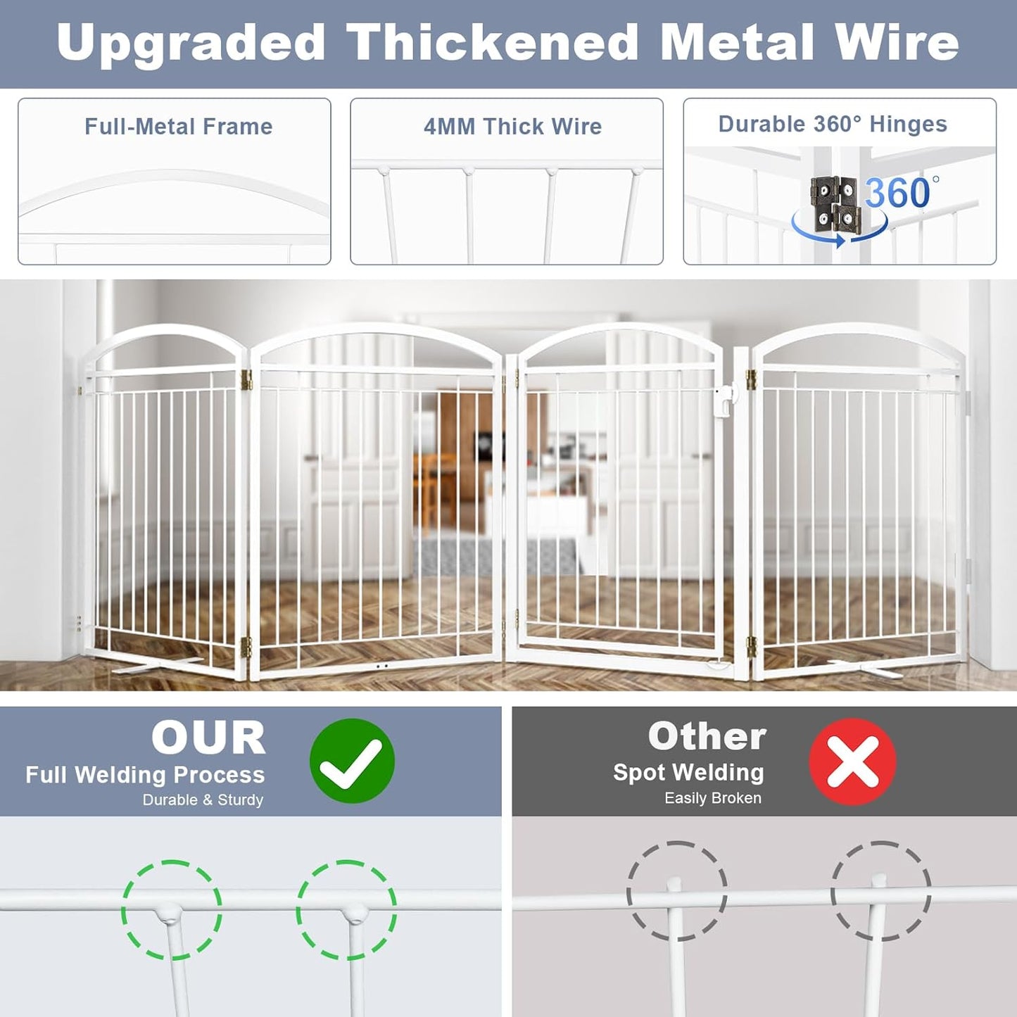 Full Metal Free Standing Dog Gate with Door for Indoor & Outdoor,96'' Extra Wide 32'' Tall Dog Gate for The Doorways,Large Openings,Decks,Porch,Pet Freestanding Safety Fence(4 Panels,Black)