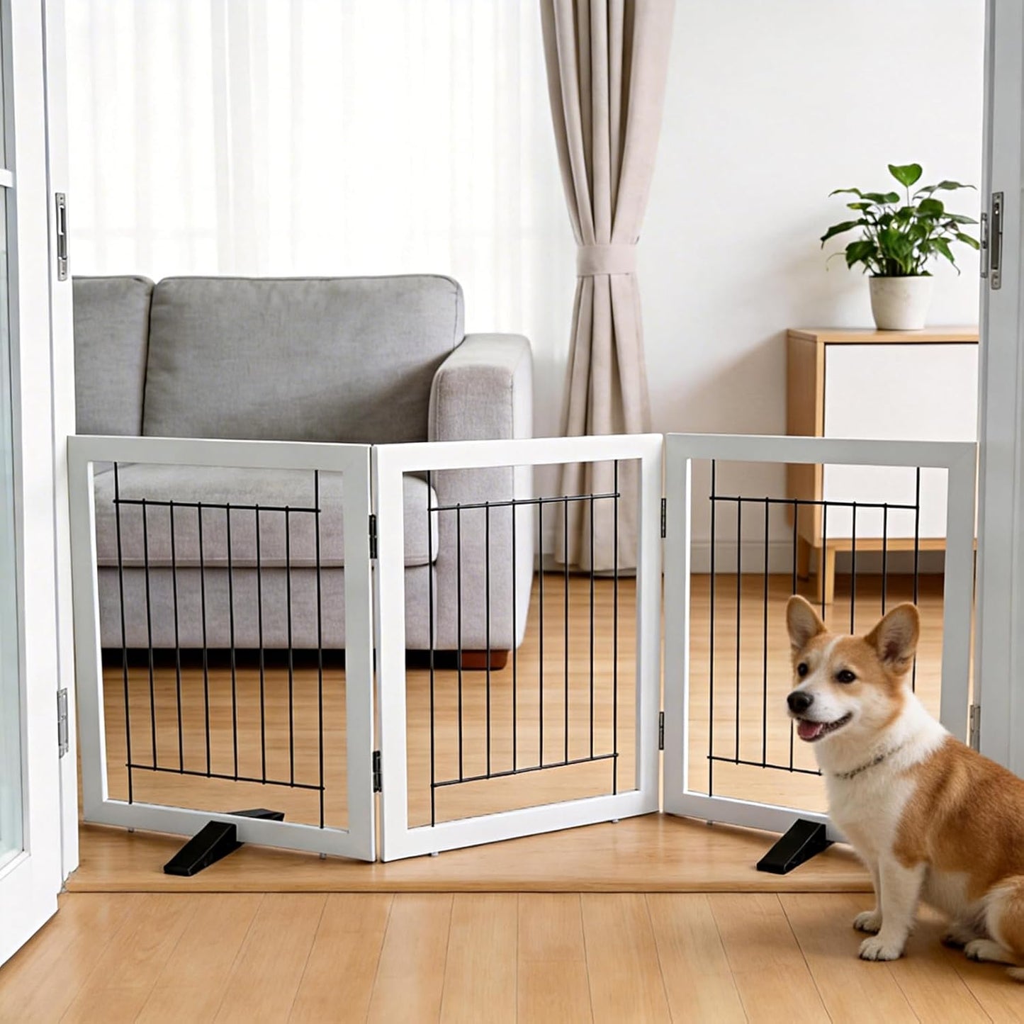 ZJSF Freestanding Dog Gate Indoor, Foldable Dog Fence for Doorways,Hallways or Stairs, Sturdy Wood Extra Wide Pet Gate with Support Feet,Black,24 "Height-3 Panels