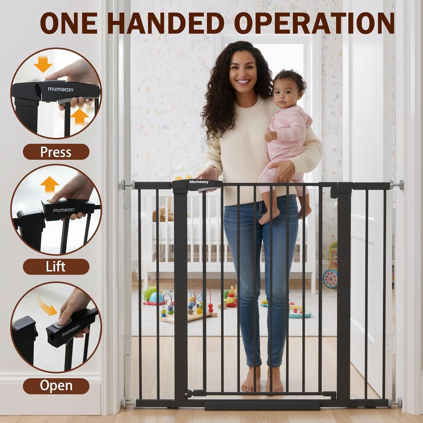 Baby Gate for Stairs, 29.7-40.6" Auto Close Dog Gate Indoor for Doorways, Dual-Lock Design, Adjustable Pet Gate No Drilling with Walk Thru Door for Hallways, Stroller Friendly, Black