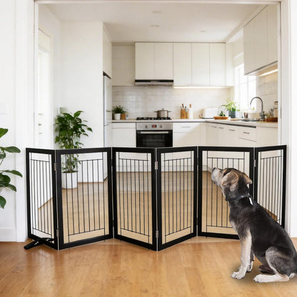 ZJSF Freestanding Dog Gate Indoor, Foldable Dog Fence for Doorways,Hallways or Stairs, Sturdy Wood Extra Wide Pet Gate with Support Feet,Black,24 "Height-3 Panels