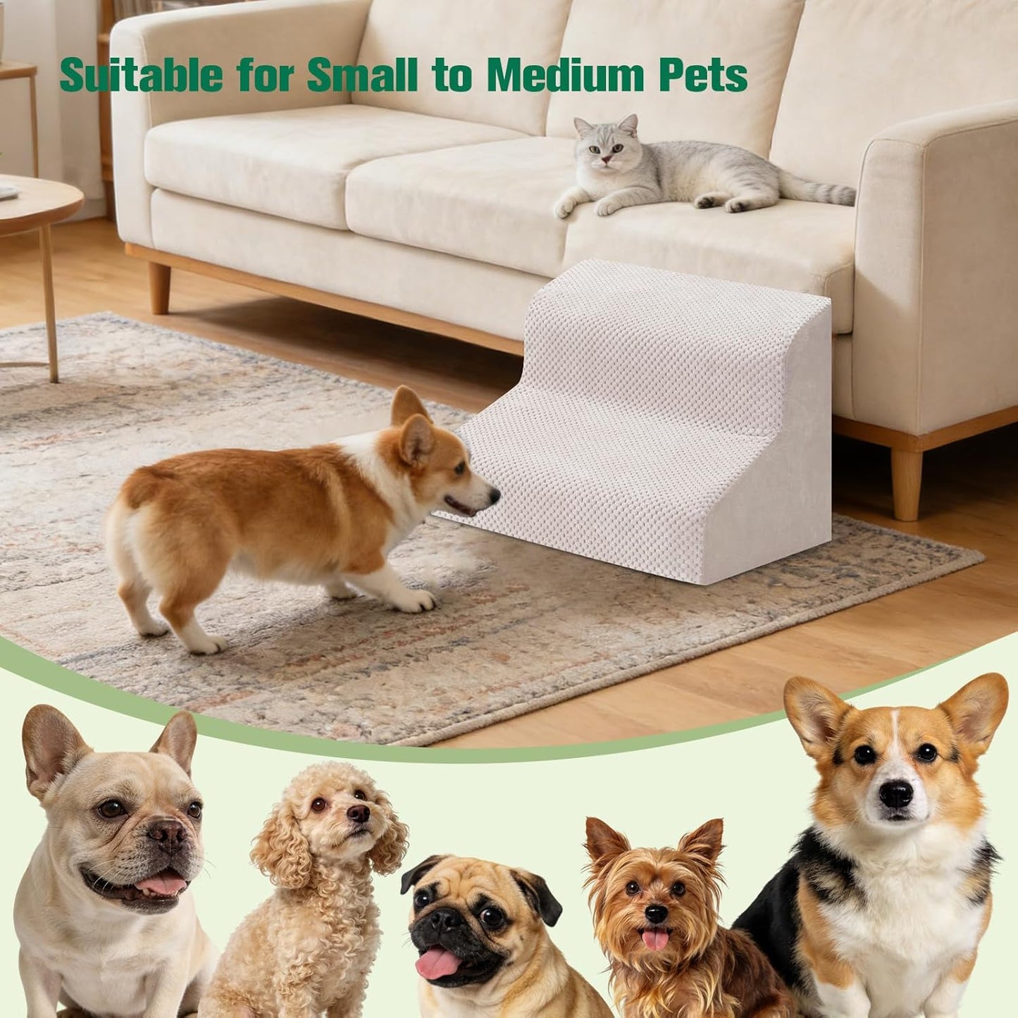 Dog Stairs for Couch, 3 Steps 13.8" H Non-Slip Pet Stair, Balanced Stable Pet Ramp for Small Dogs, Indoor Furniture Step, Gray