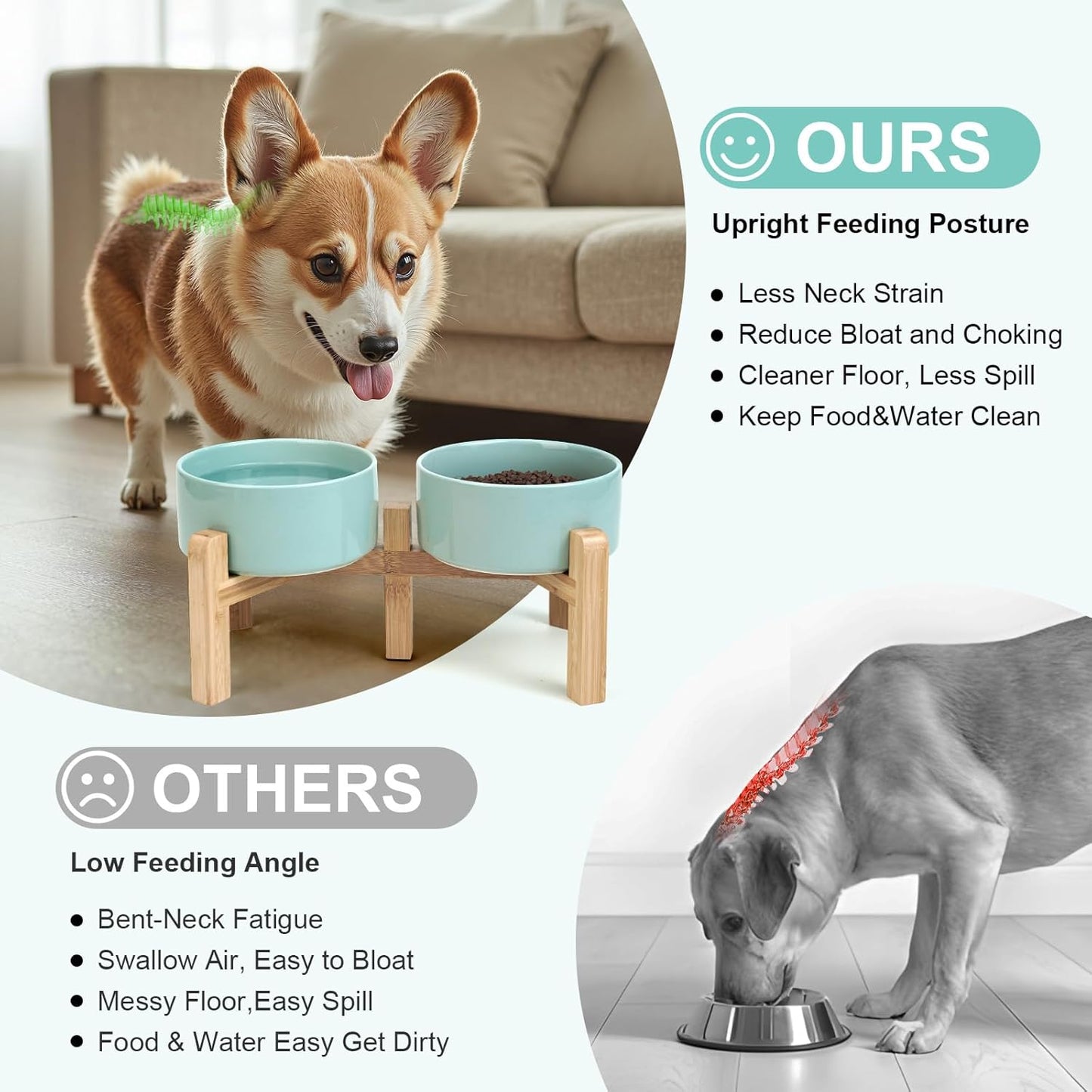SPUNKYJUNKY Elevated Dog Bowls Ceramic, 6.1'' Dogs and Cat Food Water Bowls Raised with Non-Slip Bamboo Stand for Medium Sized Breed Microwave Dishwasher Safe - 28.7 OZ,Beige