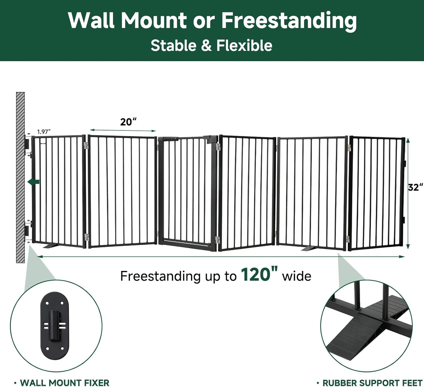Snagle Paw Full Metal Freestanding Dog Gate,Indoor Dog Gate with Floor Protect Support Feet, 40x24 Inches Foldable Dogs Barrier for Stairs, Hallways and Doorways (24'' H 2 Panel, White