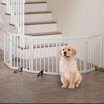 Freestanding Foldable Dog Gate - 4 Panel Room Divider with Metal Support Feet (Black)