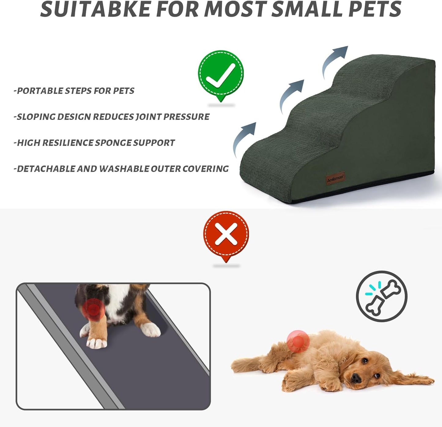 Aodisman 3-Step Dog Ramp and Stairs for Sofa and Chair - Non-Slip Sturdy Pet Steps for Small Dogs and Cats,15.7" H,Grey