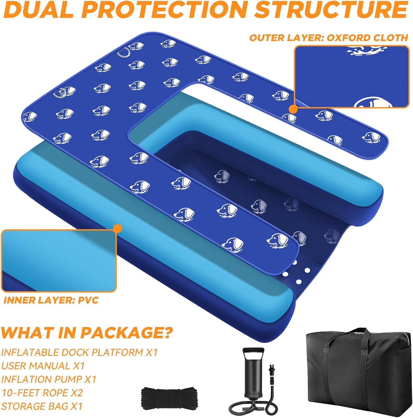 Inflatable Dock Platform, Medium Dog Boat Ramp Floating Non-Slip Oxford and PVC with Small Water Ramp for Dogs Pool, Dock, Lake with Traction Rope, Manual Air Pump (3.2ft x 2.2ft x 4in) M01